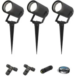 HOFTRONIC 3er Set Spikey LED Gartenstrahler mit Erdspieß - GU10 - 4 Watt 345 Lumen - Dimmbar - Schwenkbar - 6500K tageslichtweiß - IP64 Wasserdicht - Schwarz - Inklusive Installationsmaterial (Kabel & Verbinder)