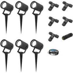 HOFTRONIC 6er Set Spikey LED Gartenstrahler mit Erdspieß - GU10 4 Watt 345 Lumen - Dimmbar - Schwenkbar - 6500K tageslichtweiß - IP64 Wasserdicht - Schwarz - Inklusive Installationsmaterial (Kabel & Verbinder)