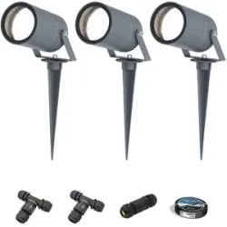 HOFTRONIC 3er Set Spikey LED Gartenstrahler mit Erdspieß - GU10 4 Watt 345 Lumen - Dimmbar - Schwenkbar - 6500K tageslichtweiß - IP64 Wasserdicht - Anthrazit - Erdspießstrahler - Außenstrahler - Inklusive Installationsmaterial (Kabel & Verbinder)
