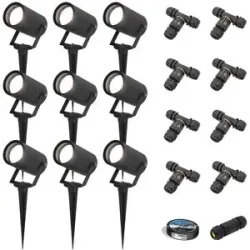 HOFTRONIC 9er Set Spikey LED Gartenstrahler mit Erdspieß - GU10 4 Watt 345 Lumen - Dimmbar - Schwenkbar - 6500K tageslichtweiß - IP64 Wasserdicht - Schwarz - Erdspießstrahler - Außenstrahler - Inklusive Installationsmaterial (Kabel & Verbinder)