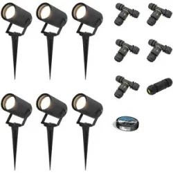 HOFTRONIC 6er Set Spikey LED Gartenstrahler mit Erdspieß - GU10 4 Watt 345 Lumen - Dimmbar - Schwenkbar - 4000K neutralweiß - IP64 Wasserdicht - Schwarz - Erdspießstrahler - Außenstrahler - Inklusive Installationsmaterial (Kabel & Verbinder)