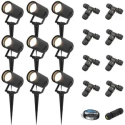 HOFTRONIC 9er Set Spikey LED Gartenstrahler mit Erdspieß - GU10 4 Watt 345 Lumen - Dimmbar - Schwenkbar - 4000K neutralweiß - IP64 Wasserdicht - Schwarz - Erdspießstrahler - Außenstrahler - Inklusive Installationsmaterial (Kabel & Verbinder)