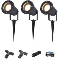 HOFTRONIC 3er Set Sydney LED Gartenstrahler mit Erdspieß - Dimmbar - Schwenkbar - GU10 4 Watt 345 lumen - 2700K warmweiß - IP65 Wasserdicht - Schwarz- Erdspießstrahler - Inklusive Installationsmaterial (Kabel & Verbinder)