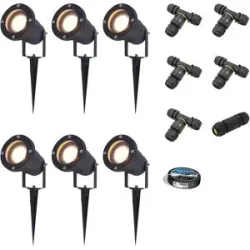 HOFTRONIC 6er Set Sydney LED Gartenstrahler mit Erdspieß - Dimmbar - Schwenkbar - GU10 4 Watt 345 lumen - 2700K warmweiß - IP65 Wasserdicht - Schwarz- Erdspießstrahler - Inklusive Installationsmaterial (Kabel & Verbinder)