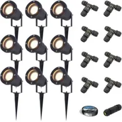 HOFTRONIC 9er Set Sydney LED Gartenstrahler mit Erdspieß - Dimmbar - Schwenkbar - GU10 4 Watt 345 lumen - 2700K warmweiß - IP65 Wasserdicht - Schwarz- Erdspießstrahler - Inklusive Installationsmaterial (Kabel & Verbinder)