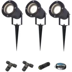 HOFTRONIC 3er Set Sydney LED Gartenstrahler mit Erdspieß - Dimmbar - Schwenkbar - GU10 4 Watt 345 Lumen - 4000K neutralweiß - IP64 Wasserdicht - Schwarz - Erdspießstrahler - Inklusive Installationsmaterial (Kabel & Verbinder)