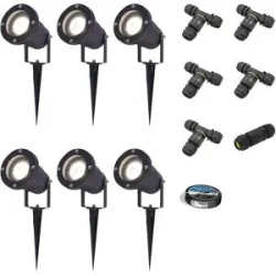 HOFTRONIC 6er Set Sydney LED Gartenstrahler mit Erdspieß - Dimmbar - Schwenkbar - GU10 4 Watt 345 Lumen - 4000K neutralweiß - IP64 Wasserdicht - Schwarz - Erdspießstrahler - Inklusive Installationsmaterial (Kabel & Verbinder)