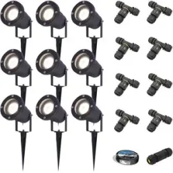 HOFTRONIC 9er Set Sydney LED Gartenstrahler mit Erdspieß - Dimmbar - Schwenkbar - GU10 4 Watt 345 Lumen - 4000K neutralweiß - IP65 - Schwarz - Erdspießstrahler - Inklusive Installationsmaterial (Kabel & Verbinder)