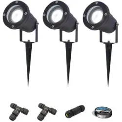 HOFTRONIC 3er Set Sydney LED Gartenstrahler mit Erdspieß - Dimmbar - Schwenkbar - GU10 4 Watt 345 Lumen - 6500K tageslichtweiß - IP64 Wasserdicht - Schwarz- Erdspießstrahler - Inklusive Installationsmaterial (Kabel & Verbinder)