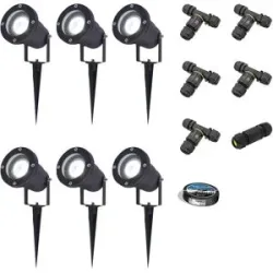 HOFTRONIC 6er Set Sydney LED Gartenstrahler mit Erdspieß - Dimmbar - Schwenkbar - GU10 4 Watt 345 Lumen - 6500K tageslichtweiß - IP64 Wasserdicht - Schwarz- Erdspießstrahler - Inklusive Installationsmaterial (Kabel & Verbinder)