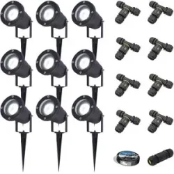 HOFTRONIC 9er Set Sydney LED Gartenstrahler mit Erdspieß - Dimmbar - Schwenkbar - GU10 4 Watt 345 Lumen - 6500K tageslichtweiß - IP64 Wasserdicht - Schwarz- Erdspießstrahler - Inklusive Installationsmaterial (Kabel & Verbinder)
