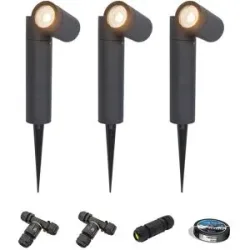 HOFTRONIC 3er Set Pinero LED Gartenstrahler mit Erdspieß - GU10 4W 345lm - Dimmbar - Schwenkbar - 2700K - IP65 - Schwarz - Erdspießstrahler - Inklusive Installationsmaterial (Kabel & Verbinder)