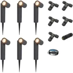 HOFTRONIC 6er Set Pinero LED Gartenstrahler mit Erdspieß - GU10 4W 345lm - Dimmbar - Schwenkbar - 2700K - IP65 - Schwarz - Erdspießstrahler - Inklusive Installationsmaterial (Kabel & Verbinder)