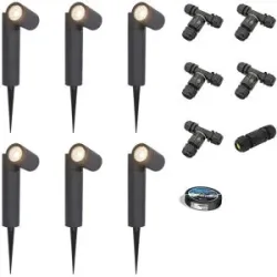 HOFTRONIC 6er Set Pinero LED Gartenstrahler mit Erdspieß - GU10 4W 345lm - Dimmbar - Schwenkbar - 4000K neutralweiß - IP64 - Schwarz - Erdspießstrahler - Inklusive Installationsmaterial (Kabel & Verbinder)