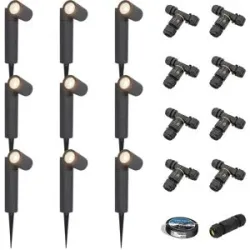 HOFTRONIC 9er Set Pinero LED Gartenstrahler mit Erdspieß - GU10 4W 345lm - Dimmbar - Schwenkbar - 4000K neutralweiß - IP64 - Schwarz - Erdspießstrahler - Inklusive Installationsmaterial (Kabel & Verbinder)