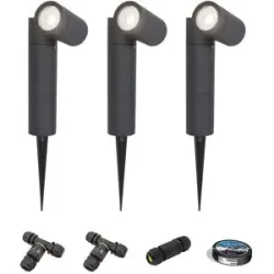 HOFTRONIC 3er Set Pinero LED Gartenstrahler mit Erdspieß - GU10 4W 345lm - Dimmbar - Schwenkbar - 6500K tageslichtweiß - IP64 - Schwarz - Erdspießstrahler - Inklusive Installationsmaterial (Kabel & Verbinder)