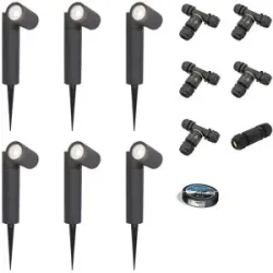 HOFTRONIC 6er Set Pinero LED Gartenstrahler mit Erdspieß - GU10 4W 345lm - Dimmbar - Schwenkbar - 6500K tageslichtweiß - IP64 - Schwarz - Gartenspot - Inklusive Installationsmaterial (Kabel & Verbinder)