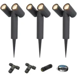 HOFTRONIC 3er Set Pinero Doppel LED Gartenstrahler mit Erdspieß - GU10 8W 690lm - Dimmbar - Schwenkbar - 2700K - IP65 - Schwarz- Gartenspot - Außenstrahler - Inklusive Installationsmaterial (Kabel & Verbinder)