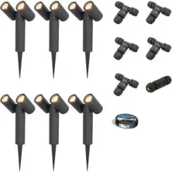 HOFTRONIC 6er Set Pinero Doppel LED Gartenstrahler mit Erdspieß - GU10 8W 690lm - Dimmbar - Schwenkbar - 2700K - IP65 - Schwarz- Gartenspot - Außenstrahler - Inklusive Installationsmaterial (Kabel & Verbinder)