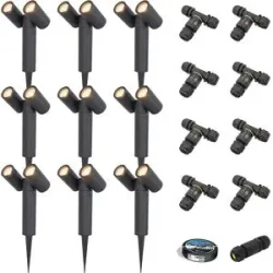 HOFTRONIC 9er Set Pinero Doppel LED Gartenstrahler mit Erdspieß - GU10 8W 690lm - Dimmbar - Schwenkbar - 2700K - IP65 - Schwarz- Gartenspot - Außenstrahler - Inklusive Installationsmaterial (Kabel & Verbinder)