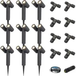 HOFTRONIC 9er Set Pinero Doppel LED Gartenstrahler mit Erdspieß - GU10 8W 690lm - Dimmbar - Schwenkbar - GU10 Fassung - 4000K neutralweiß - IP64 - Schwarz- Gartenspot - Außenstrahler - Inklusive Installationsmaterial (Kabel & Verbinder)