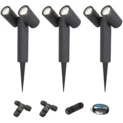 HOFTRONIC 3er Set Pinero Doppel LED Gartenstrahler mit Erdspieß - GU10 8W 690lm - Dimmbar - Schwenkbar - GU10 Fassung - 6500K tageslichtweiß - IP64 - Schwarz- Gartenspot - Außenstrahler - Inklusive Installationsmaterial (Kabel & Verbinder)