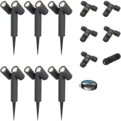 HOFTRONIC 6er Set Pinero Doppel LED Gartenstrahler mit Erdspieß - GU10 8W 690lm - Dimmbar - Schwenkbar - GU10 Fassung - 6500K tageslichtweiß - IP64 - Schwarz- Gartenspot - Außenstrahler - Inklusive Installationsmaterial (Kabel & Verbinder)