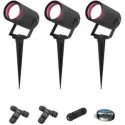 HOFTRONIC SMART 3er Set Spikey Smart Gartenstrahler mit Erdspieß - RGBWWW - Wifi + Bluetooth - 5,5W 400lm - IP65 Wasserdicht - App-Steuerung - Google Home, Amazon Alexa und Siri - Schwarz - Gartenspots - Inklusive Installationsmaterial (Kabel & Verb