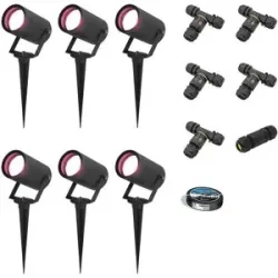 HOFTRONIC SMART 6er Set Spikey Smart Gartenstrahler mit Erdspieß - RGBWWW - Wifi + Bluetooth - 5,5W 400lm - IP65 Wasserdicht - App-Steuerung - Google Home, Amazon Alexa und Siri - Schwarz - Gartenspots - Inklusive Installationsmaterial (Kabel & Verb