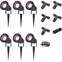 HOFTRONIC SMART 6er Set Sydney Smart Gartenstrahler mit Erdspieß - RGBWW - Wifi + Bluetooth - 5,5W 400lm - IP65 Wasserdicht - App-Steuerung - Google Home, Amazon Alexa und Siri - Schwarz - Gartenstrahler - Inklusive Installationsmaterial (Kabel & Ve