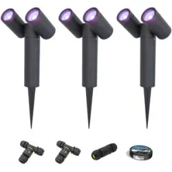 HOFTRONIC SMART 3er Set Pinero - Doppel Smart Gartenstrahler - IP65 - 11W 800lm - RGBWWW - GU10 - Wifi + Bluetooth - IP65 - Google Home, Amazon Alexa und Siri - Schwenkbar - Für Innen- und Außenbereich - Schwarz - Inklusive Installationsmaterial (K