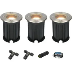 HOFTRONIC 3er Set Maisy LED Bodeneinbaustrahler außen - Ø12cm - Dimmbar - GU10 Fassung - 2700K warmweiß - 4W 345lm - Rund - Bodenstrahler - Auffahrt - Edelstahl - IP67 - Inklusive Installationsmaterial (Kabel & Verbinder)