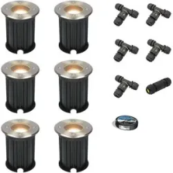 HOFTRONIC 6er Set Maisy LED Bodeneinbaustrahler außen - Ø12cm - Dimmbar - GU10 Fassung - 2700K warmweiß - 4W 345lm - Rund - Bodenstrahler - Auffahrt - Edelstahl - IP67 - Inklusive Installationsmaterial (Kabel & Verbinder)