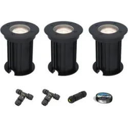 HOFTRONIC 3er Set Maisy LED Bodeneinbaustrahler außen - Ø12cm - Dimmbar - GU10 Fassung - 4000K neutralweiß - 4W 345lm - Rund - Bodenstrahler - Auffahrt - Schwarz - IP67 - Inklusive Installationsmaterial (Kabel & Verbinder)