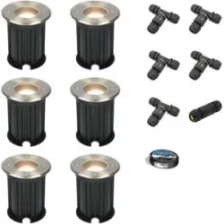 HOFTRONIC 6er Set Maisy LED Bodeneinbaustrahler außen - Ø12cm - Rund - Dimmbar - GU10 Fassung - 2700K Neutralweiß - 4W 345lm - Bodenstrahler - Edelstahl - IP67 - Inklusive Installationsmaterial (Kabel & Verbinder)