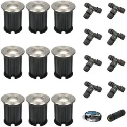 HOFTRONIC 9er Set Maisy LED Bodeneinbaustrahler außen - Ø12cm - Dimmbar - Rund - GU10 Fassung - 4 Watt 345 Lumen - 6500K tageslichtweiß - Edelstahl - IP67 wasserdicht - Bodenstrahler - Einfahrt - Inklusive Installationsmaterial (Kabel & Verbinder)