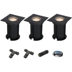 HOFTRONIC 3er Set Ramsay LED Bodeneinbaustrahler außen Eckig - Dimmbar - GU10 Fassung - 2700K warmweiß - 4W 345lm - Bodenstrahler - Schwarz - IP67 - Inklusive Installationsmaterial (Kabel & Verbinder)