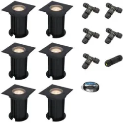 HOFTRONIC 6er Set Ramsay LED Bodeneinbaustrahler außen Eckig - Dimmbar - GU10 Fassung - 2700K warmweiß - 4W 345lm - Bodenstrahler - Schwarz - IP67 - Inklusive Installationsmaterial (Kabel & Verbinder)