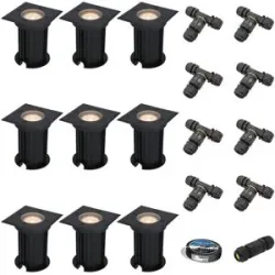 HOFTRONIC 9er Set Ramsay LED Bodeneinbaustrahler außen Eckig - Dimmbar - GU10 Fassung - 2700K warmweiß - 4W 345lm - Bodenstrahler - Schwarz - IP67 - Inklusive Installationsmaterial (Kabel & Verbinder)