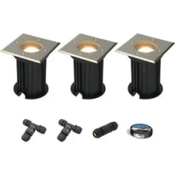 HOFTRONIC 3er Set Ramsay LED Bodeneinbaustrahler außen - Dimmbar - Eckig - GU10 Fassung - 4W 345lm - 2700K warmweiß - Edelstahl - IP67 wasserdicht - Bodenstrahler - Inklusive Installationsmaterial (Kabel & Verbinder)