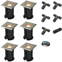 HOFTRONIC, HOFTRONIC 6er Set Ramsay LED Bodeneinbaustrahler außen - Dimmbar - Eckig - GU10 Fassung - 4W 345lm - 2700K warmweiß - Edelstahl - IP67 wasserdicht - Bodenstrahler - Inklusive Installationsmaterial (Kabel & Verbinder)