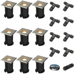 HOFTRONIC 9er Set Ramsay LED Bodeneinbaustrahler außen - Dimmbar - Eckig - GU10 Fassung - 4W 345lm - 2700K warmweiß - Edelstahl - IP67 wasserdicht - Bodenstrahler - Inklusive Installationsmaterial (Kabel & Verbinder)