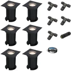 HOFTRONIC 6er Set Ramsay LED Bodeneinbaustrahler außen Eckig - Dimmbar - GU10 Fassung - 4000K neutralweiß - 4W 345lm - Bodenstrahler - Schwarz - IP67 - Inklusive Installationsmaterial (Kabel & Verbinder)