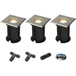HOFTRONIC 3er Set Ramsay LED Bodeneinbaustrahler außen - Dimmbar - Eckig - GU10 Fassung - 4W 345lm - 4000K neutralweiß - Edelstahl - IP67 wasserdicht - Bodenstrahler - Inklusive Installationsmaterial (Kabel & Verbinder)