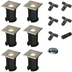 HOFTRONIC 6er Set Ramsay LED Bodeneinbaustrahler außen - Dimmbar - Eckig - GU10 Fassung - 4W 345lm - 4000K neutralweiß - Edelstahl - IP67 wasserdicht - Bodenstrahler - Inklusive Installationsmaterial (Kabel & Verbinder)