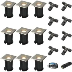 HOFTRONIC 9er Set Ramsay LED Bodeneinbaustrahler außen - Dimmbar - Eckig - GU10 Fassung - 4W 345lm - 4000K neutralweiß - Edelstahl - IP67 wasserdicht - Bodenstrahler - Inklusive Installationsmaterial (Kabel & Verbinder)
