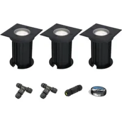 HOFTRONIC 3er Set Ramsay LED Bodeneinbaustrahler außen Eckig - Dimmbar - GU10 Fassung - 6500K tageslichtweiß - 4W 345lm - Bodenstrahler - Schwarz - IP67 - Inklusive Installationsmaterial (Kabel & Verbinder)
