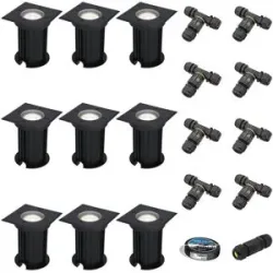 HOFTRONIC 9er Set Ramsay LED Bodeneinbaustrahler außen Eckig - Dimmbar - GU10 Fassung - 6500K tageslichtweiß - 4W 345lm - Bodenstrahler - Schwarz - IP67 - Inklusive Installationsmaterial (Kabel & Verbinder)
