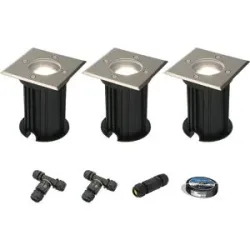 HOFTRONIC 3er Set Ramsay LED Bodeneinbaustrahler außen - Dimmbar - Eckig - GU10 Fassung - 4W 345lm - 6500K tageslichtweiß - Edelstahl - IP67 wasserdicht - Bodenstrahler - Inklusive Installationsmaterial (Kabel & Verbinder)