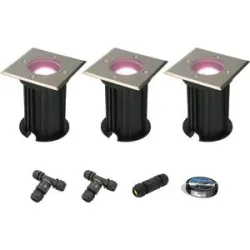 HOFTRONIC SMART 3er Set Ramsay Smart Bodeneinbaustrahler außen - Eckig - 5,5W 400lm - RGBWW - Wifi + Bluetooth - App Steuerung - IP67 - Google Home - Amazon Alexa - Edelstahl - Inklusive Installationsmaterial (Kabel & Verbinder)